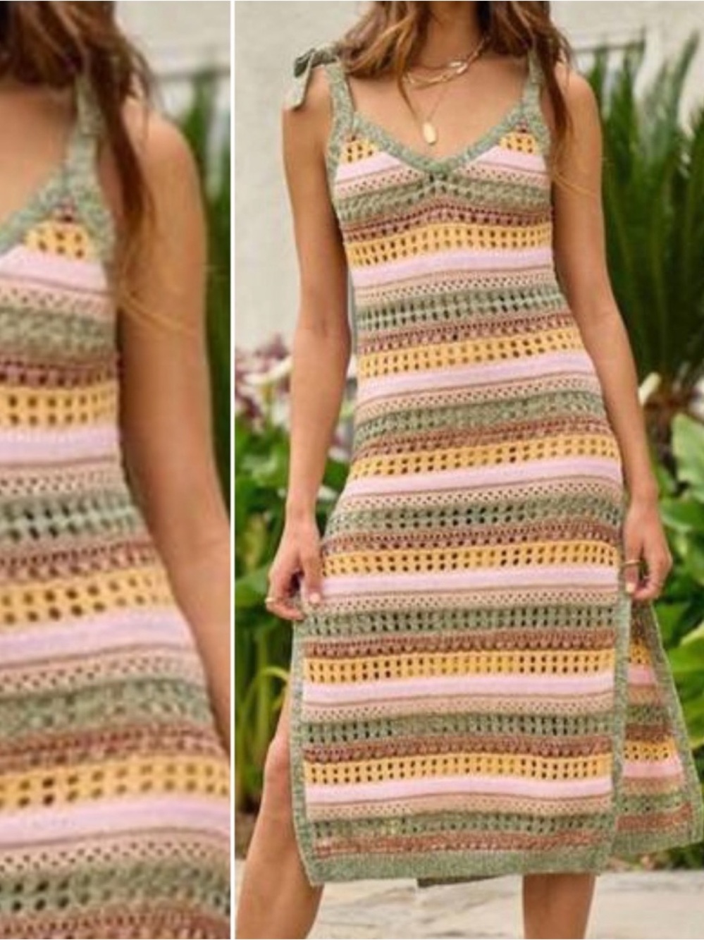 Retro Striped Knit Dress Lalavon Bow Tie Shoulders Rainbow 70s Knitted Summer S